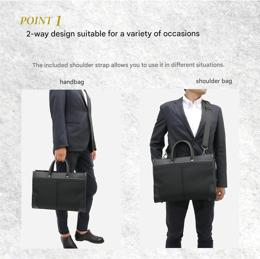 Stylish black professional business briefcase for men & women. Organized storage for laptops & documents, 2-way carry.