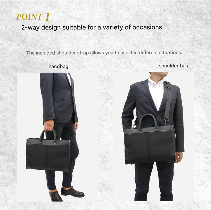 Stylish black professional business briefcase for men & women. Organized storage for laptops & documents, 2-way carry.
