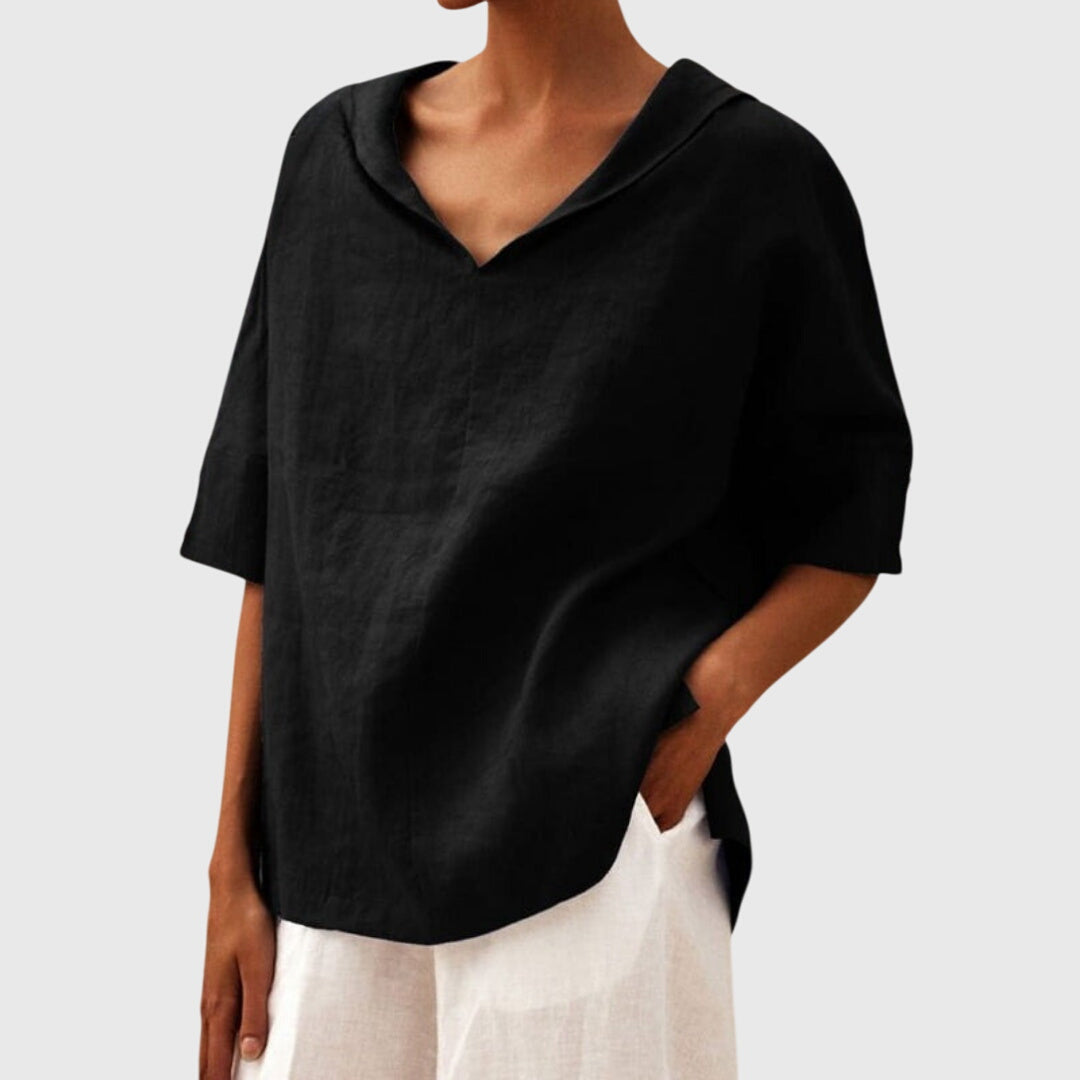 Black relaxed fit women's blouse, long sleeve for effortless everyday style & comfort.