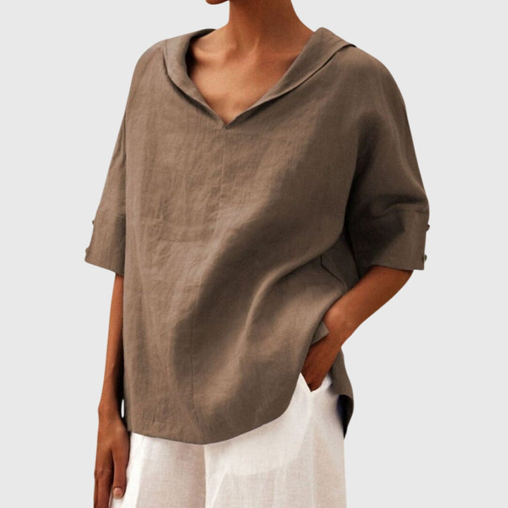 Khaki comfortable women's relaxed fit blouse, long sleeve, perfect for everyday chic.