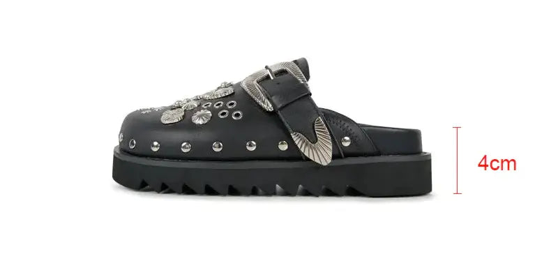 Edgy black platform sandals for women with stud details, offering a high platform and bold style.