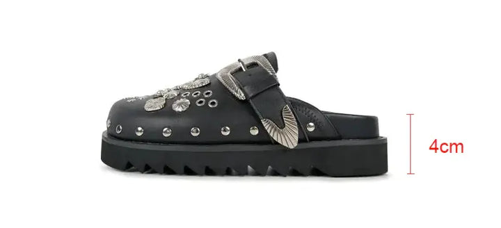 Edgy black platform sandals for women with stud details, offering a high platform and bold style.