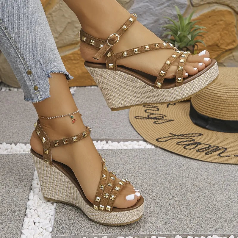 Women's black studded wedge sandals with adjustable ankle strap, versatile and trendy footwear