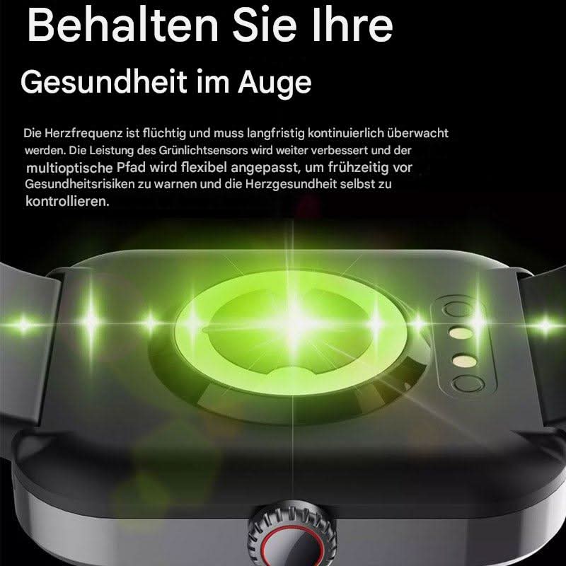 Black wearable tech smart watch tracking blood sugar, heart rate, blood pressure, and sleep for health insights.