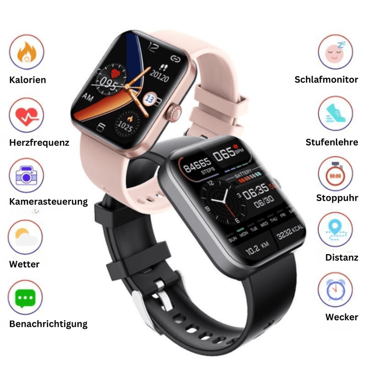 Pink smart health watch on wrist, displaying non-invasive blood sugar readings and vital health metrics.