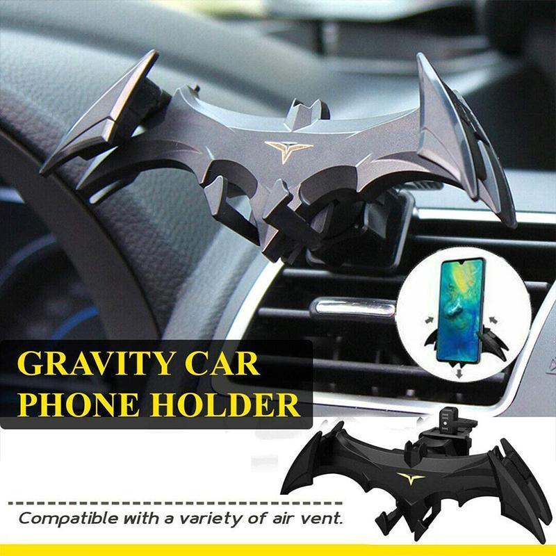 Black universal bat wing car phone holder mount on dashboard, gravity grip for smartphones