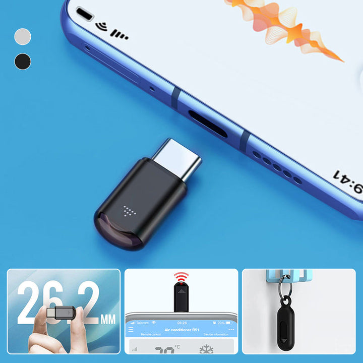 Silver universal infrared remote control attached to a smartphone for easy device control
