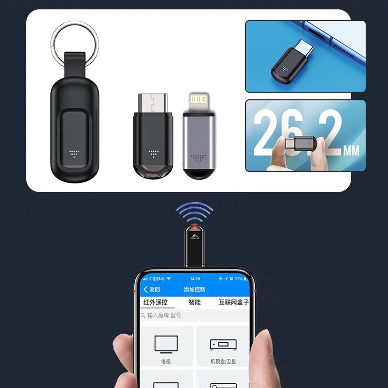 Close-up of a small, black infrared smartphone remote control with sleek design