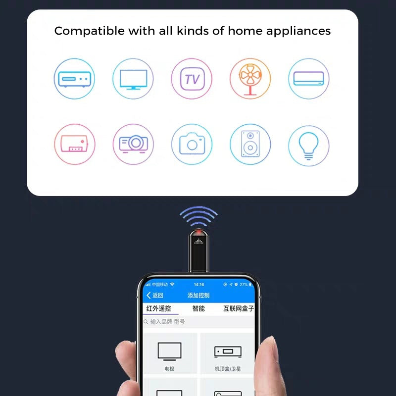 Black smartphone IR remote, enabling seamless universal control of home appliances