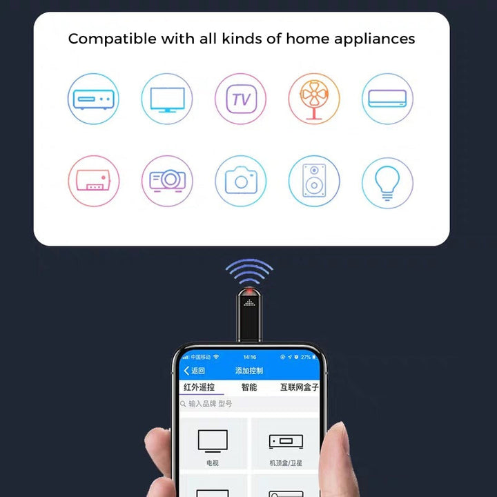 Black smartphone IR remote, enabling seamless universal control of home appliances