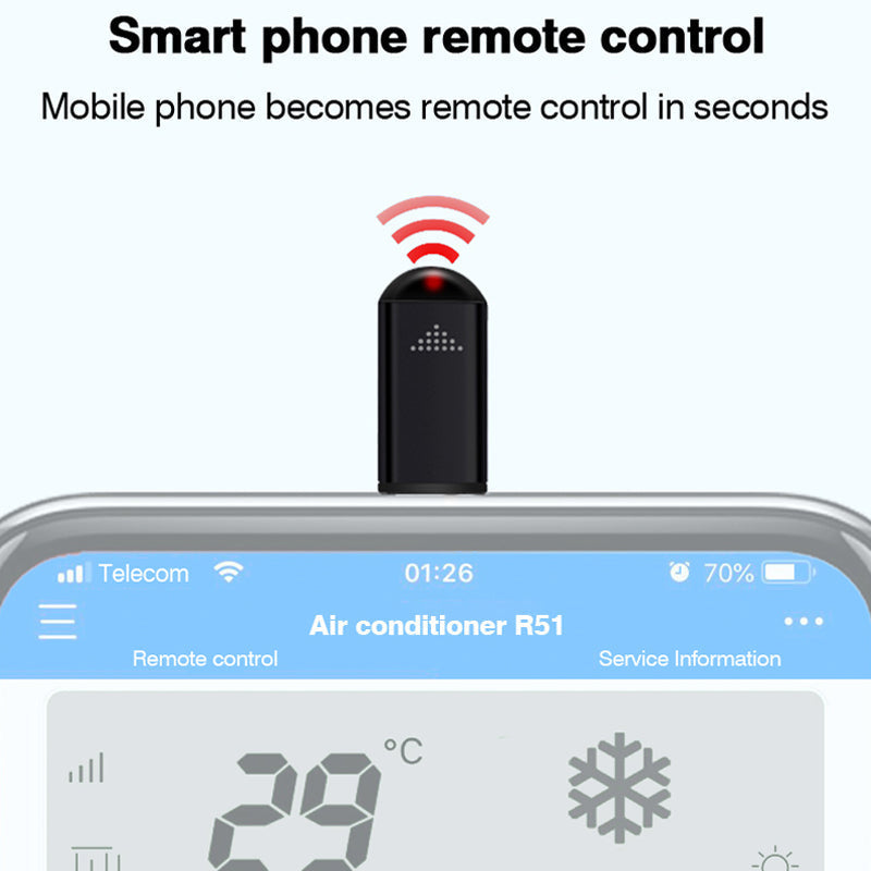Compact silver infrared remote control designed for modern mobile phones