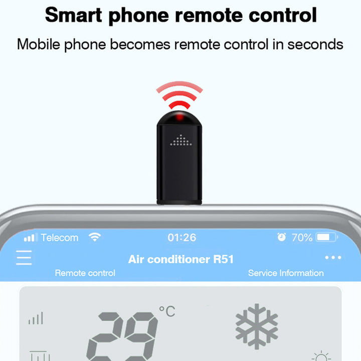 Compact silver infrared remote control designed for modern mobile phones