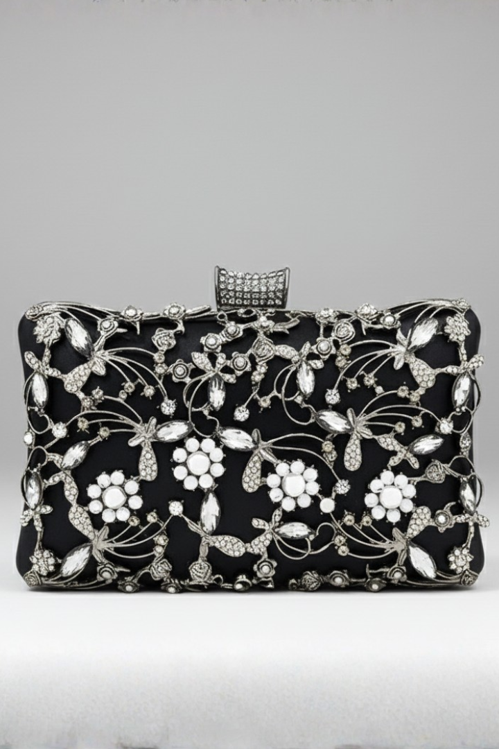 Elegant black & gold embroidered party clutch bag for women, adorned with decorative stones, perfect for evening.