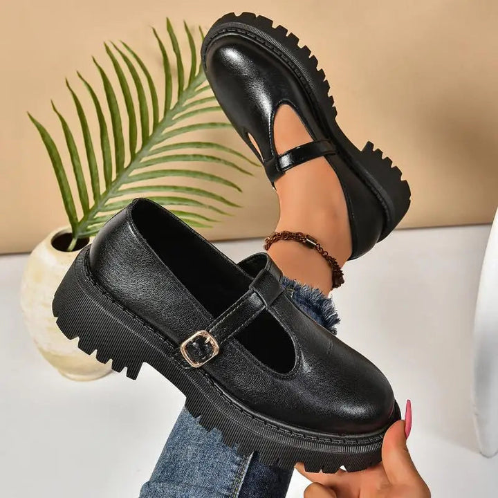 Adjustable black Mary Jane platform shoes for women, engineered for orthopedic comfort.