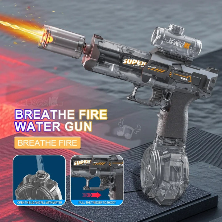 Rechargeable electric water blaster for kids. Easy-to-use AquaBlaze water gun for summer outdoor fun.