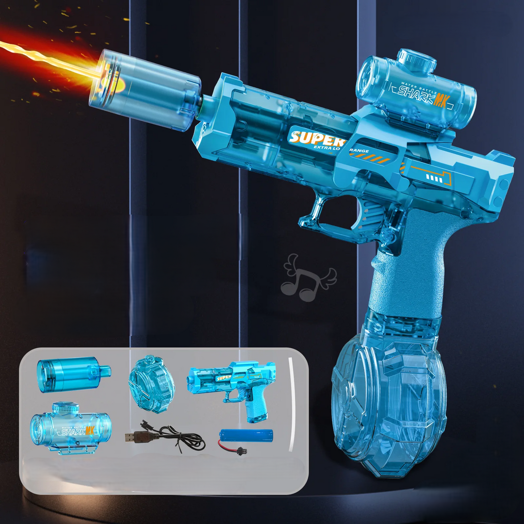 Exciting rechargeable electric water blaster toy for kids. AquaBlaze blue water gun for ultimate summer fun.