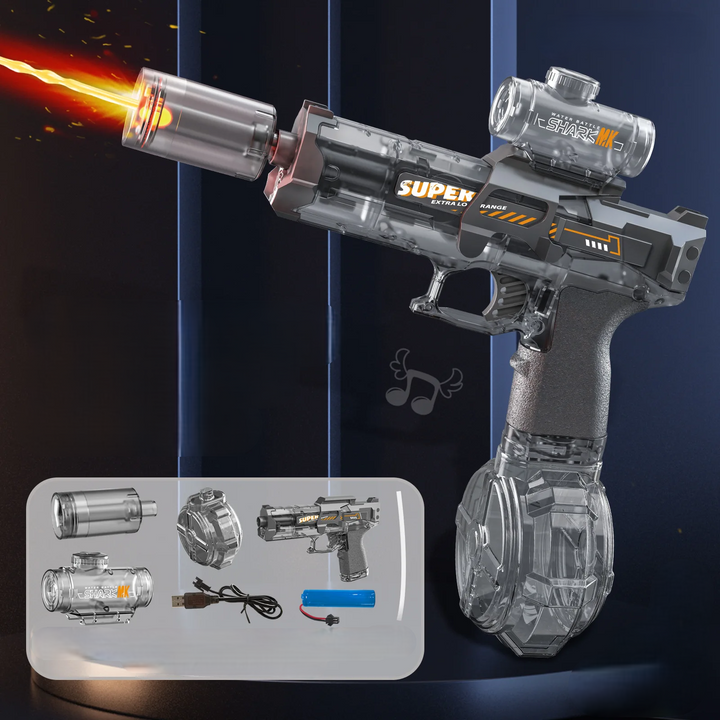 Bright blue electric water blaster toy. Rechargeable water gun for thrilling kids' outdoor summer activities.