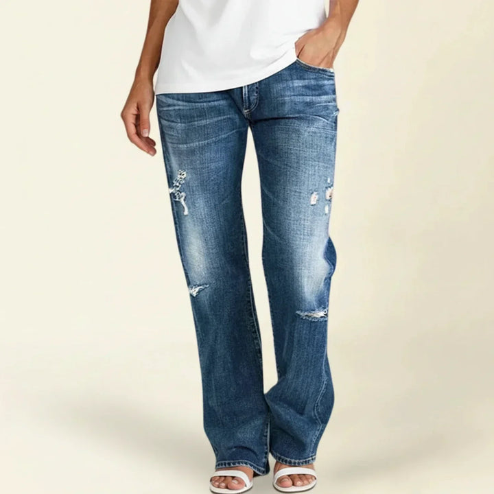 Blue women's effortless high waist ripped straight leg jeans, perfect for casual street style.