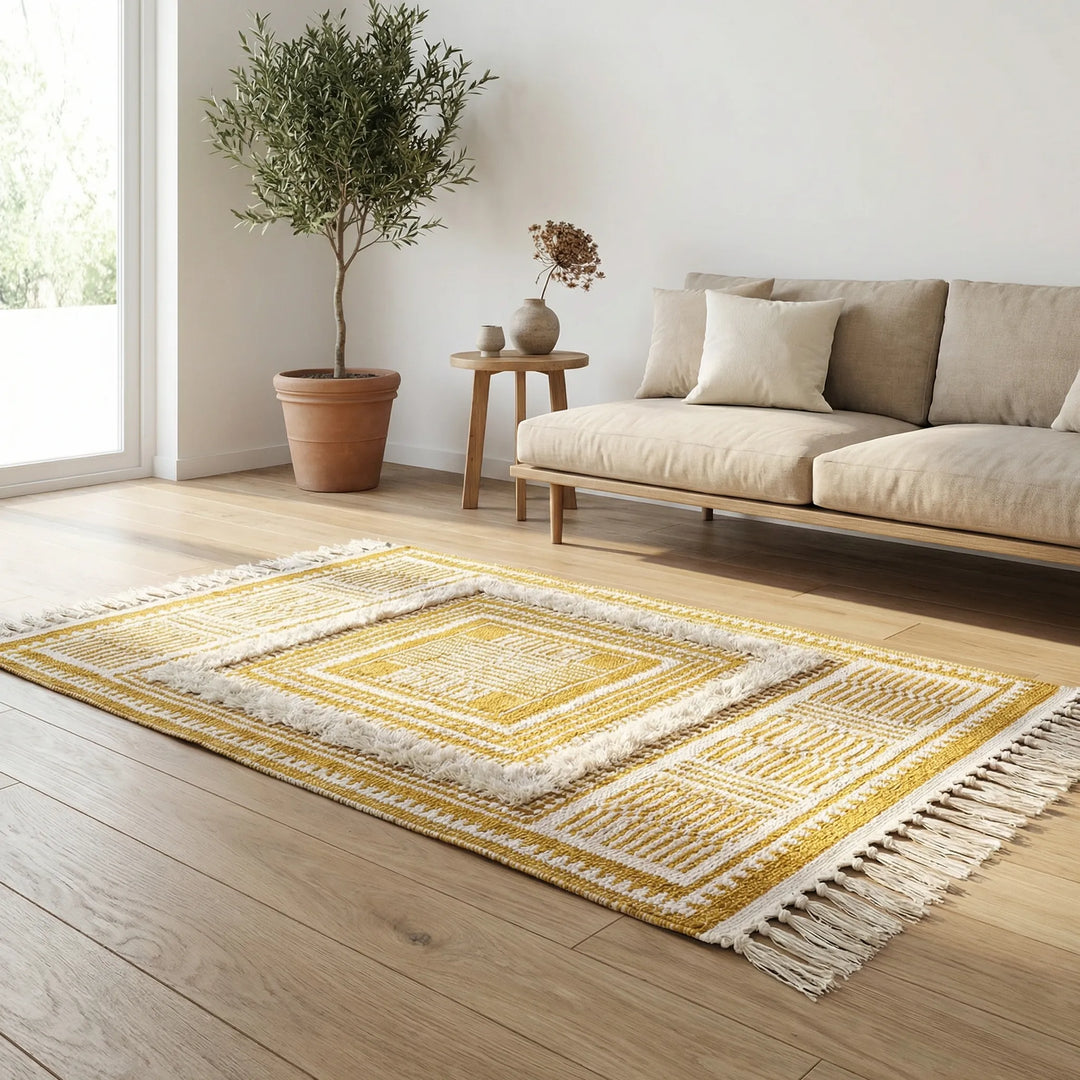 Bohemian Flowique fringed area rug, wave pattern. Ideal accent for elegant living room & bedroom decor.