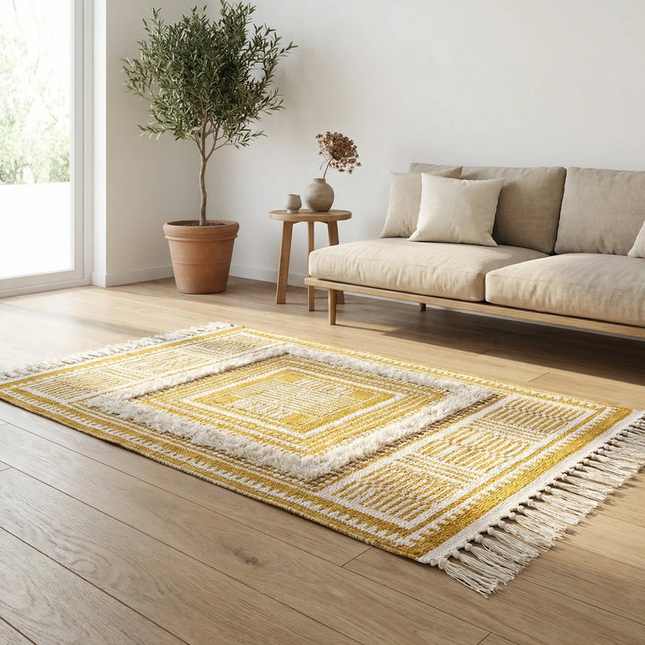 Bohemian Flowique fringed area rug, wave pattern. Ideal accent for elegant living room & bedroom decor.