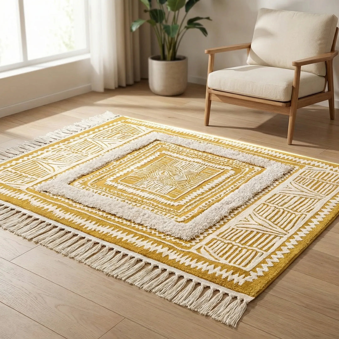 Flowique Statement Area Rug with bohemian wave design & fringe. Stylish accent for any home's living room or bedroom.
