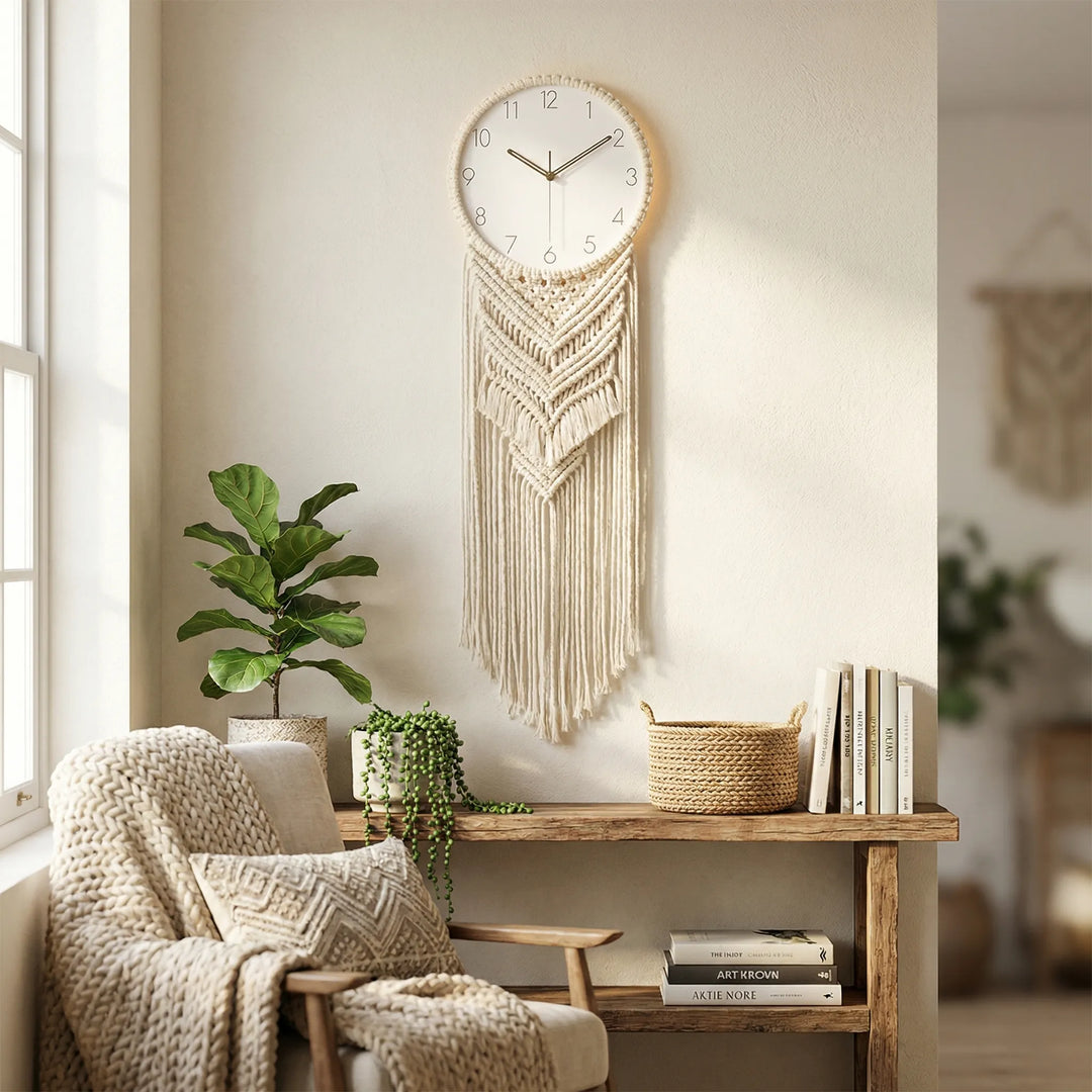 Bohemian handcrafted macrame wall clock, natural fibers, adds unique decor to living room or bedroom.