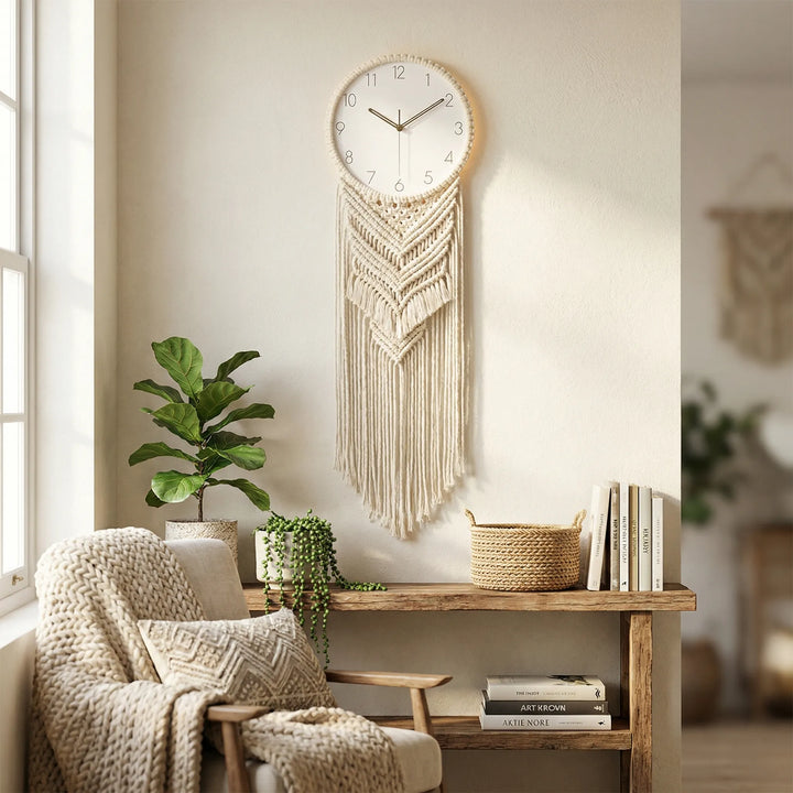 Bohemian handcrafted macrame wall clock, natural fibers, adds unique decor to living room or bedroom.