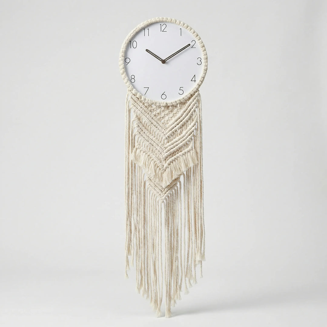 Decorative analog wall clock, bohemian style, intricately knotted macrame art for chic home decor.