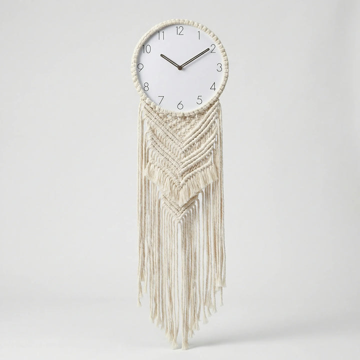 Decorative analog wall clock, bohemian style, intricately knotted macrame art for chic home decor.