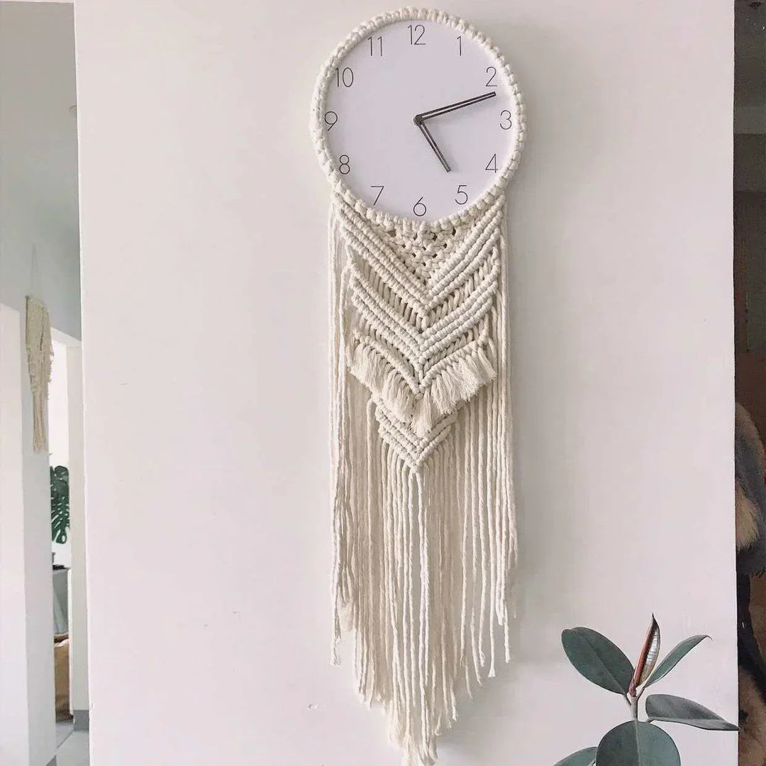 Large bohemian macrame wall clock, a unique statement piece for wall decor in any modern home.