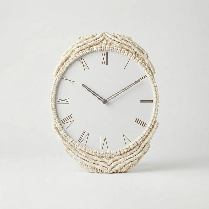 Elegant bohemian wall clock, handcrafted with macrame fringe, ideal for adding warmth to home decor.