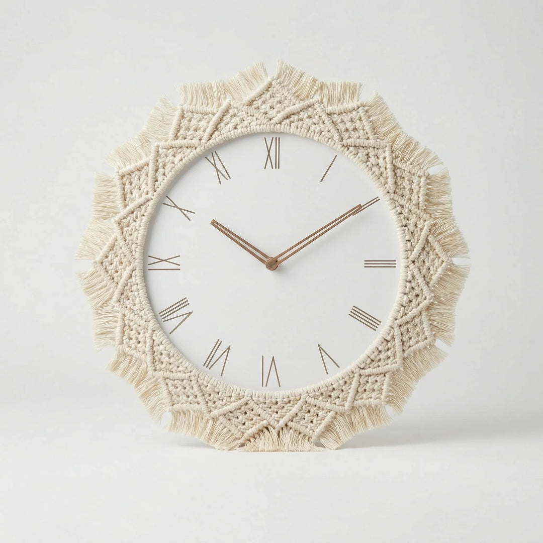 Boho chic wall clock, meticulously handcrafted macrame design, perfect for bedroom or living room.