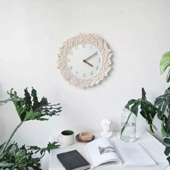 Textured bohemian wall clock, unique knotted art, adds a handcrafted touch to your home's aesthetic.