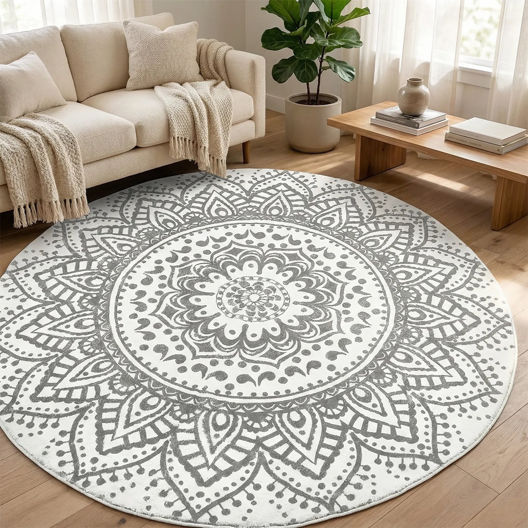 Bohemian round accent rug with intricate Flowique wave pattern, ideal for living room decor.