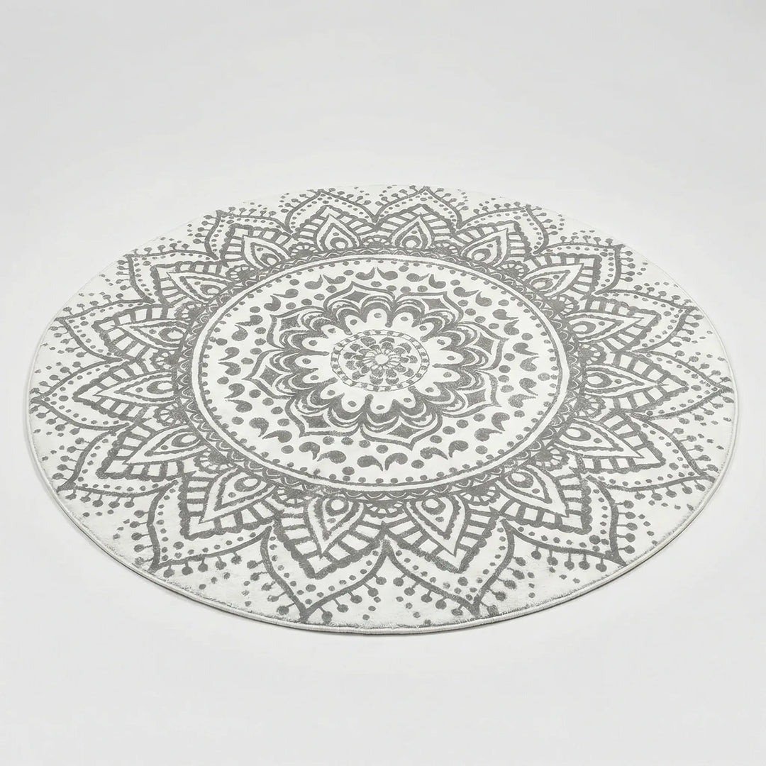 Washable non-slip round bohemian rug featuring a unique Flowique wave design, perfect for any room.
