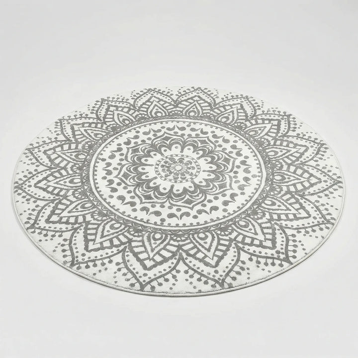 Washable non-slip round bohemian rug featuring a unique Flowique wave design, perfect for any room.