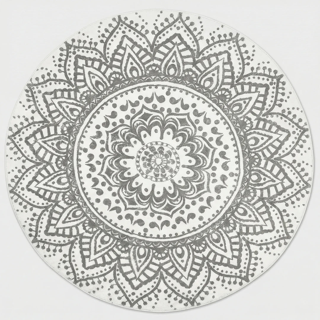 Mandala-style round bohemian rug with Flowique waves, a stylish and functional floor covering.