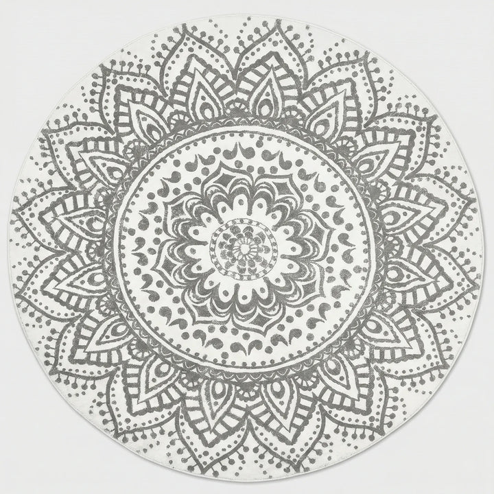 Mandala-style round bohemian rug with Flowique waves, a stylish and functional floor covering.