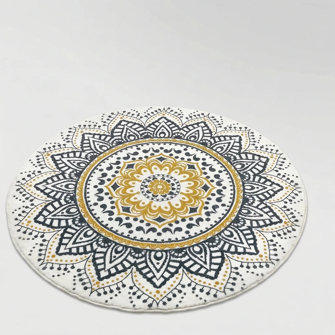 Vibrant round bohemian Flowique pattern rug; a soft, non-slip accent piece for modern homes.
