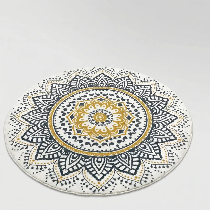 Vibrant round bohemian Flowique pattern rug; a soft, non-slip accent piece for modern homes.