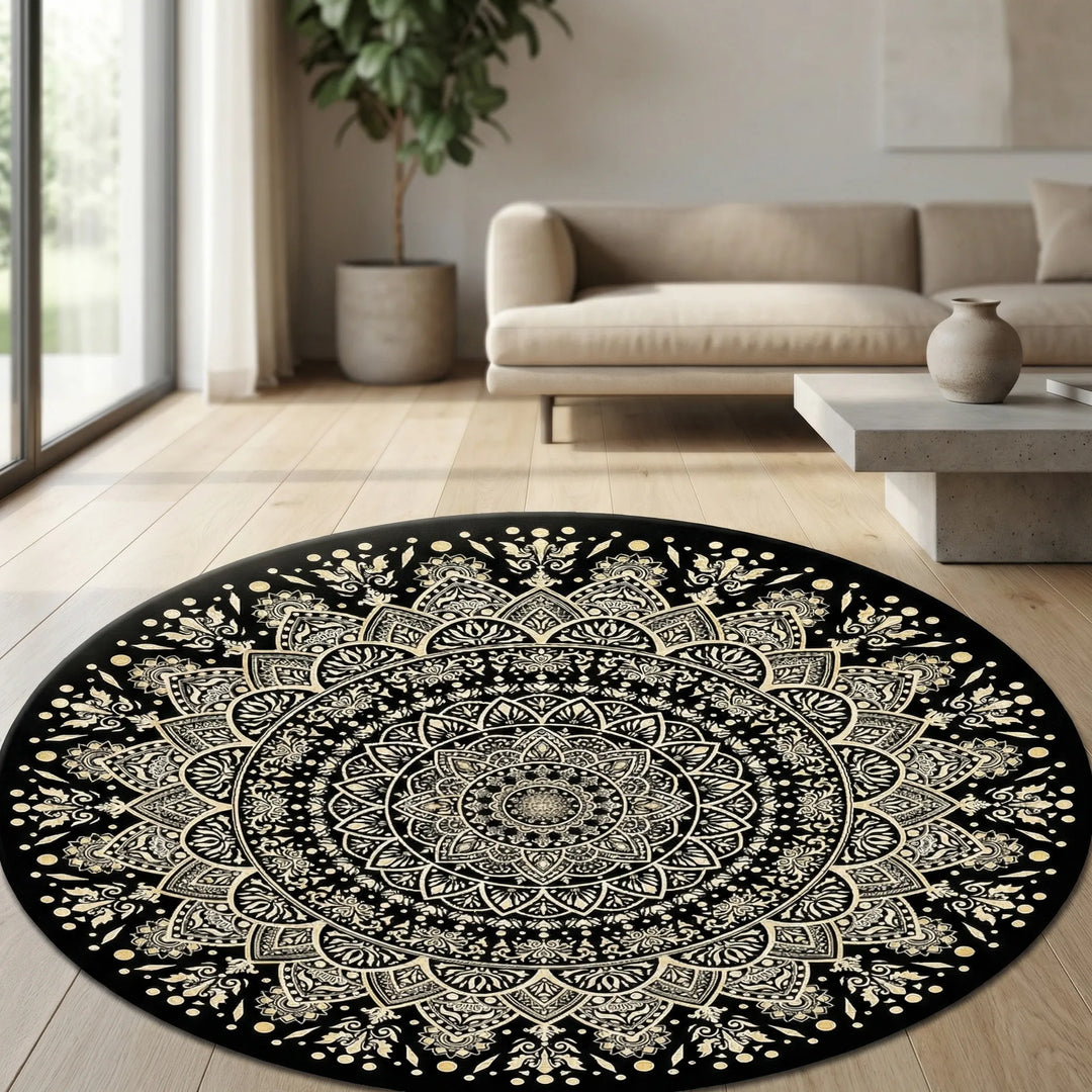 Bohemian round mandala area rug in black & gold with wave pattern. Non-slip, machine washable floor decor.