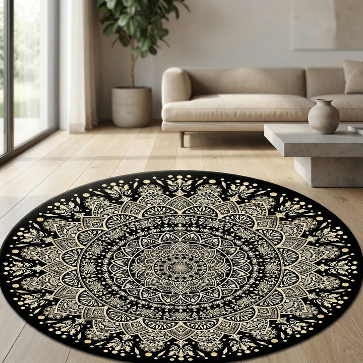 Bohemian round mandala area rug in black & gold with wave pattern. Non-slip, machine washable floor decor.