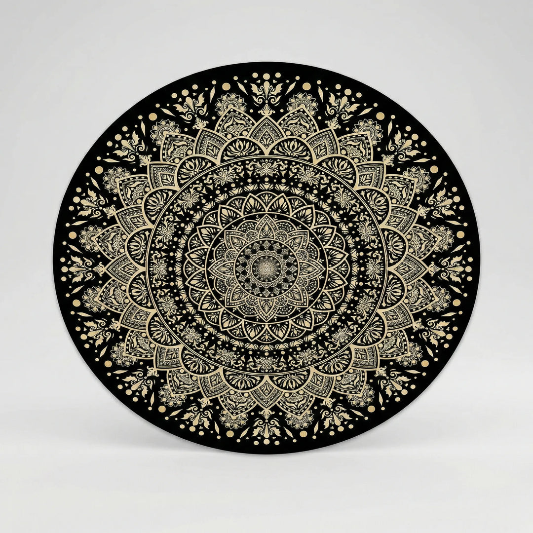 Elegant black and gold bohemian round mandala area rug with Flowique wave design. Perfect for bedroom decor.