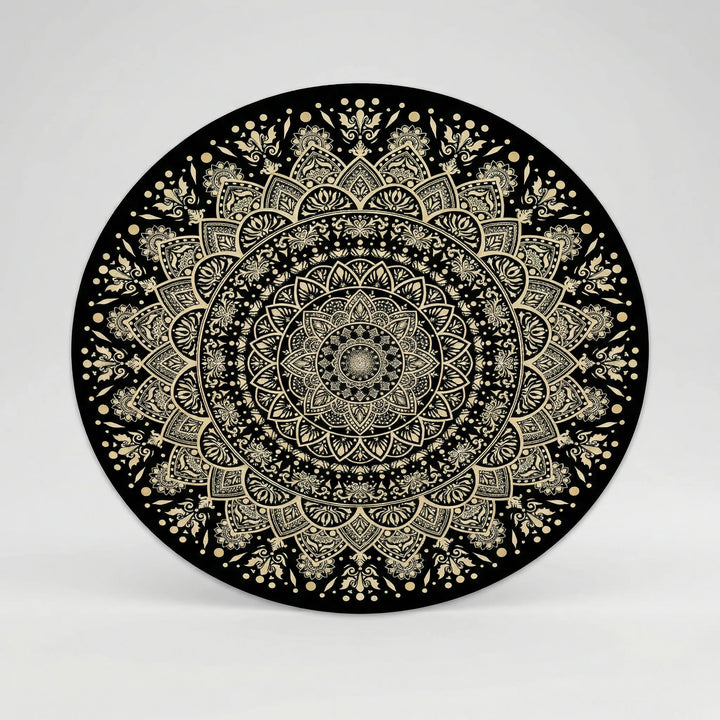 Elegant black and gold bohemian round mandala area rug with Flowique wave design. Perfect for bedroom decor.