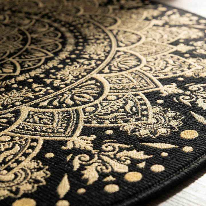Machine washable non-slip round area rug. Bohemian black and gold mandala with unique wave pattern for home accent.