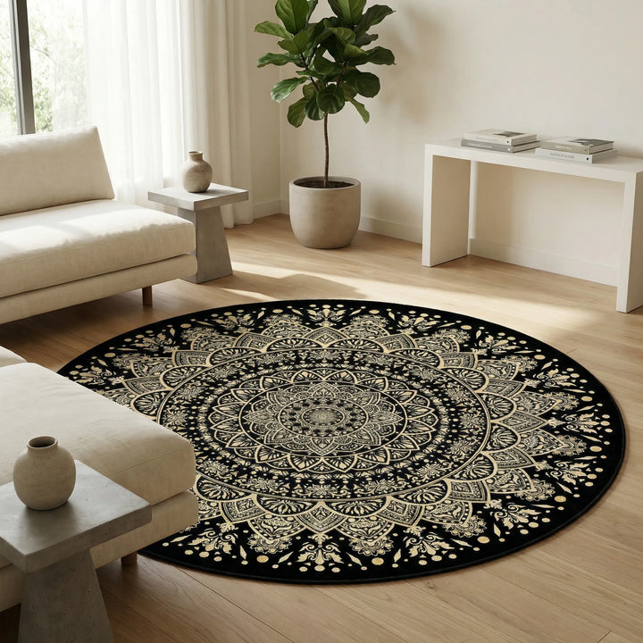 Statement black & gold Flowique bohemian round mandala area rug. Stylish floor decor, non-slip & washable.