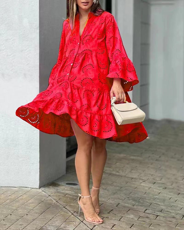 Women's V-neck button front mini dress with intricate embroidery. Tiered, A-line, and bell sleeves for summer casual.