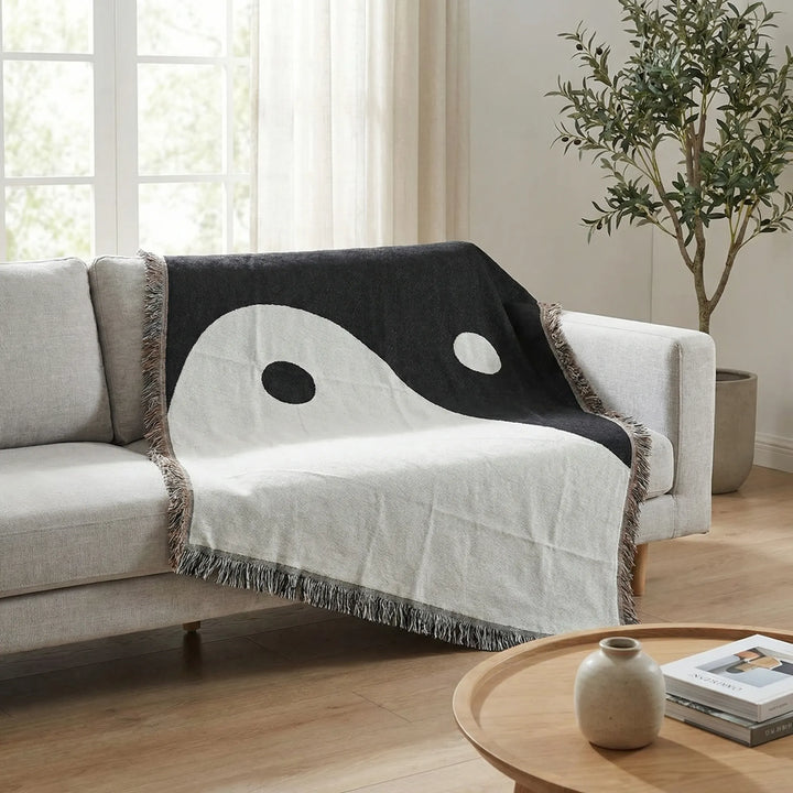 Boho fringed Yin Yang wall tapestry with balanced wave design for zen home decor. Flowique decorative textile.