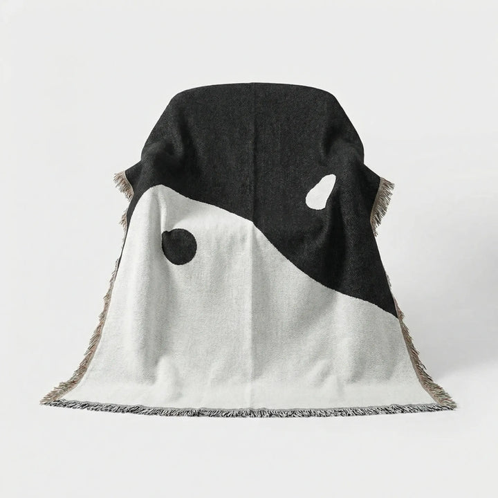 Flowique Yin Yang throw blanket or sofa cover with fringe. Balanced, decorative textile for boho-zen home decor.