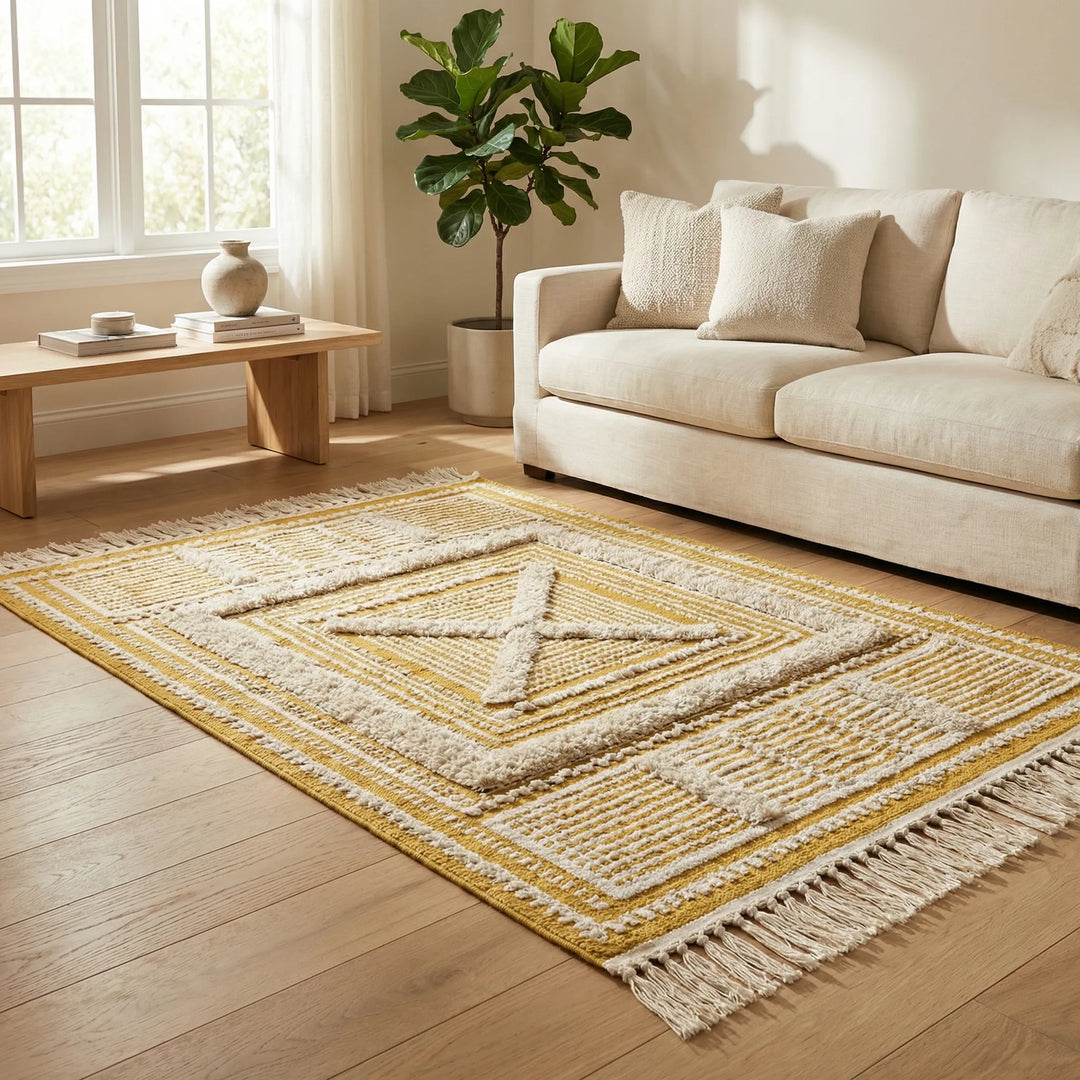 Boho Geometric Fringe Area Rug with flowing waves, perfect soft accent for living rooms & bedrooms.